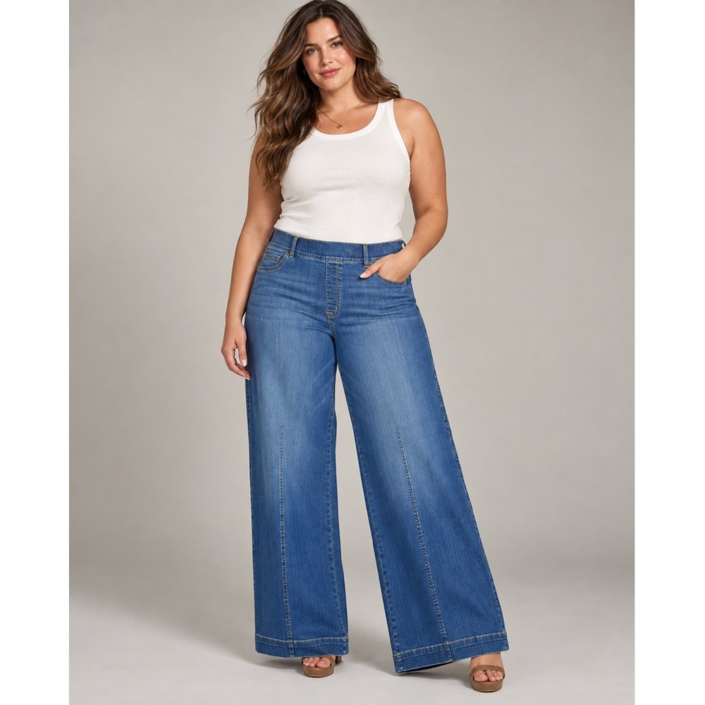 New Spanx Seamed Front Wide Leg Jeans 2X Tall Vintage Indigo Pull On Shapewear